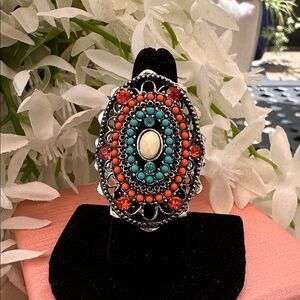 Fashion Jewelry Silver Ring with Turquoise and Coral Accents
